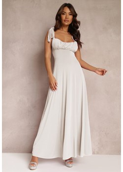 Beżowa Długa Sukienka z Marszczonym Dekoltem i Wiązanymi Ramiączkami Rozvita ze sklepu Renee odzież w kategorii Sukienki - zdjęcie 157113691