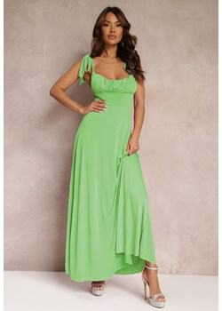 Zielona Długa Sukienka z Marszczonym Dekoltem i Wiązanymi Ramiączkami Rozvita ze sklepu Renee odzież w kategorii Sukienki - zdjęcie 157113701