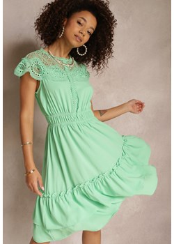 Zielona Rozkloszowana Sukienka Midi z Gumką w Talii i Koronkowym Dekoltem Panita ze sklepu Renee odzież w kategorii Sukienki - zdjęcie 157113721