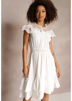 Biała Rozkloszowana Sukienka Midi z Gumką w Talii i Koronkowym Dekoltem Panita ze sklepu Renee odzież w kategorii Sukienki - zdjęcie 157113731