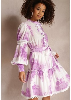 Fioletowa Rozkloszowana Sukienka Mini z Gumką w Talii i Kokardkami Leenona ze sklepu Renee odzież w kategorii Sukienki - zdjęcie 157113771