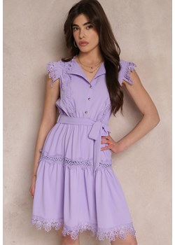 Fioletowa Sukienka Rozkloszowana z Wiązanym Paskiem i Koronką Oninka ze sklepu Renee odzież w kategorii Sukienki - zdjęcie 157113781