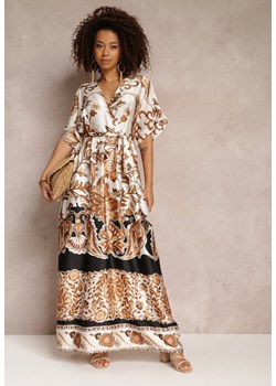 Czarno-Kremowa Kopertowa Sukienka Maxi z Gumką w Talii i Rozkloszowanym Dołem Jeanina ze sklepu Renee odzież w kategorii Sukienki - zdjęcie 157113812