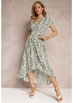 Zielona Rozkloszowana Sukienka Midi z Gumką w Talii i Kopertowym Dekoltem Velmani ze sklepu Renee odzież w kategorii Sukienki - zdjęcie 157113832