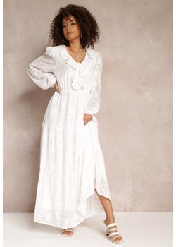 Biała Haftowana Sukienka Maxi z Gumką w Pasie i Falbanką przy Dekolcie Beverlina ze sklepu Renee odzież w kategorii Sukienki - zdjęcie 157113842