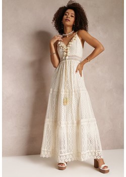 Beżowa Koronkowa Sukienka Maxi z Ozdobnym Dekoltem na Cienkich Ramiączkach Suana ze sklepu Renee odzież w kategorii Sukienki - zdjęcie 157114650