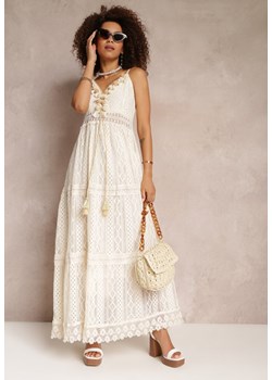 Beżowa Koronkowa Sukienka Maxi z Ozdobnym Dekoltem na Cienkich Ramiączkach Suana ze sklepu Renee odzież w kategorii Sukienki - zdjęcie 157114651
