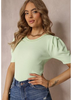 Zielona Dzianinowa Bluzka z Wiskozy z Krótkim i Bufiastym Rękawem Bonnitta ze sklepu Renee odzież w kategorii Bluzki damskie - zdjęcie 157114770
