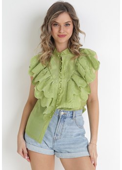 Zielona Koszula z Ozdobnymi Falbanami na Ramionach Vacatina ze sklepu Born2be Odzież w kategorii Koszule damskie - zdjęcie 157116070