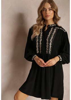 Czarna Haftowana Sukienka Midi o Pudełkowym Fasonie z Długim Rękawem Rosen ze sklepu Renee odzież w kategorii Sukienki - zdjęcie 157119574