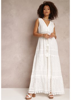 Biała Sukienka Maxi z Koronkowej Tkaniny z Wiązaniem przy Dekolcie Nodaia ze sklepu Renee odzież w kategorii Sukienki - zdjęcie 157119894