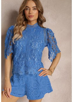 Niebieska Bluzka z Krótkimi Rękawami z Ażurowej Tkaniny Anisela ze sklepu Renee odzież w kategorii Bluzki damskie - zdjęcie 157119964