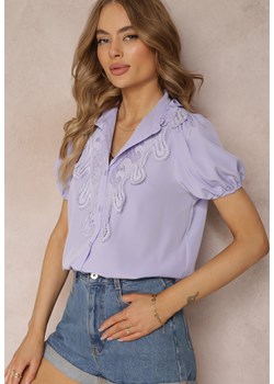 Fioletowa Koszula z Koronkowymi Wstawkami i Ozdobną Stójką Evanore ze sklepu Renee odzież w kategorii Koszule damskie - zdjęcie 157120054