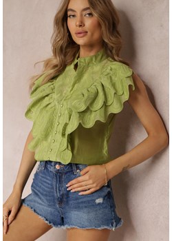 Zielona Koszula z Szerokimi Falbanami z Przodu i na Ramionach Clioni ze sklepu Renee odzież w kategorii Koszule damskie - zdjęcie 157120074