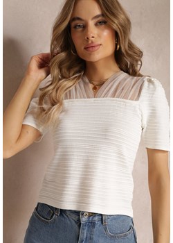 Biała Bluzka w Paski z Siateczkowym Dekoltem z Wiskozy Fritani ze sklepu Renee odzież w kategorii Bluzki damskie - zdjęcie 157120114