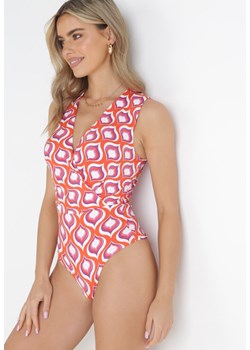 Pomarańczowe Body w Mozaikowy Wzór z Kopertowym Dekoltem Arabell ze sklepu Born2be Odzież w kategorii Bluzki damskie - zdjęcie 157120492