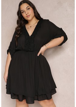 Czarna Sukienka Mini z Gumką w Talii i Koronkowymi Wstawkami Kelia ze sklepu Renee odzież w kategorii Sukienki - zdjęcie 157124334