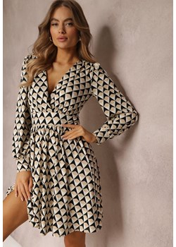 Beżowa Sukienka Mini w Geometryczny Wzór z Długim Rękawem Ezrie ze sklepu Renee odzież w kategorii Sukienki - zdjęcie 157139972