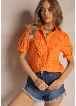Pomarańczowa Koszula z Koronkowej Tkaniny z Haftem i Stójką Mardellia ze sklepu Renee odzież w kategorii Koszule damskie - zdjęcie 157143861