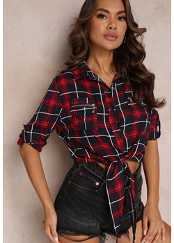 Granatowo-Czerwona Koszula z Wiskozy w Kratę z Wiązaniem na Dole i Ozdobnymi Kieszeniami Niasha ze sklepu Renee odzież w kategorii Koszule damskie - zdjęcie 157157603