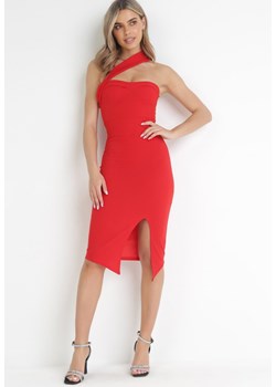 Czerwona Dopasowana Sukienka Midi na Jedno Ramię Calaxis ze sklepu Born2be Odzież w kategorii Sukienki - zdjęcie 157160012