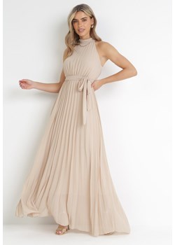 Beżowa Plisowana Sukienka Maxi z Gumką w Pasie i Rozkloszowanym Dołem Tehe ze sklepu Born2be Odzież w kategorii Sukienki - zdjęcie 157160052