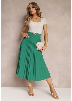 Ciemnozielona Plisowana Spódnica z Gumką w Talii i Ozdobą w Serca Pearlis ze sklepu Renee odzież w kategorii Spódnice - zdjęcie 157230000