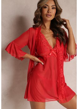 Czerwony 3-częściowy Komplet Koszula Nocna Szlafrok i Stringi Katalea ze sklepu Renee odzież w kategorii Koszule nocne - zdjęcie 157230021