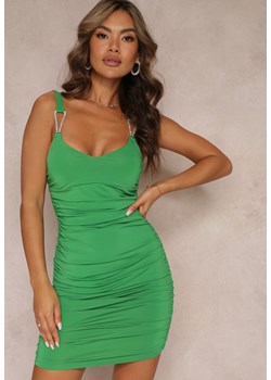 Zielona Marszczona Sukienka Mini na Ramiączkach z Cyrkoniami Rosine ze sklepu Renee odzież w kategorii Sukienki - zdjęcie 157230092