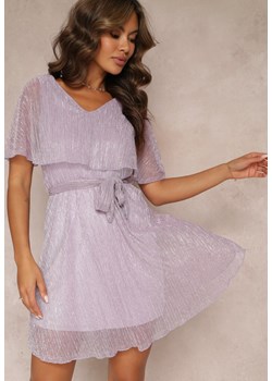 Fioletowa Sukienka Mini z Metaliczną Nitką i Gumką w Pasie Eullas ze sklepu Renee odzież w kategorii Sukienki - zdjęcie 157230133