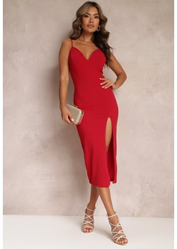 Czerwona Dopasowana Sukienka Midi na Regulowanych Ramiączkach z Głębokim Dekoltem Zosfia ze sklepu Renee odzież w kategorii Sukienki - zdjęcie 157230153