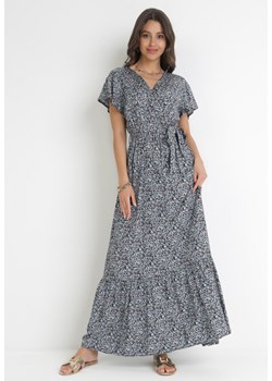 Czarno-Biała Sukienka Maxi z Wiskozy z Gumką i Wiązaniem w Pasie Ahlani ze sklepu Born2be Odzież w kategorii Sukienki - zdjęcie 157230364