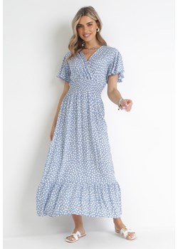 Niebieska Długa Sukienka Kopertowa w Kropki z Gumką w Talii Phylla ze sklepu Born2be Odzież w kategorii Sukienki - zdjęcie 157230813