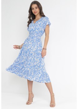 Niebieska Bawełniana Sukienka w Kwiatki z Gumką w Talii i Guzikami Ronalika ze sklepu Born2be Odzież w kategorii Sukienki - zdjęcie 157230940