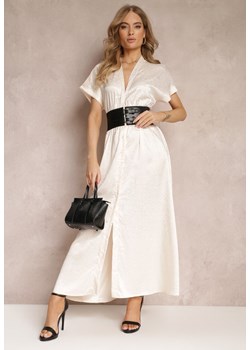 Beżowa Rozkloszowana Sukienka Maxi z Krótkim Rękawem i Elastycznym Paskiem Cruelli ze sklepu Renee odzież w kategorii Sukienki - zdjęcie 157233693