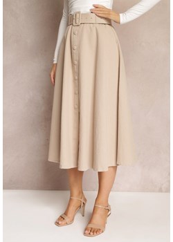 Jasnobeżowa Trapezowa Spódnica Midi z Rozkloszowanym Dołem i Paskiem z Klamerką z Bawełny Marydevi ze sklepu Renee odzież w kategorii Spódnice - zdjęcie 157233761