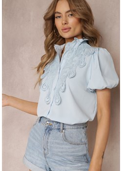 Niebieska Koszula z Koronkowymi Wstawkami i Ozdobną Stójką Evanore ze sklepu Renee odzież w kategorii Koszule damskie - zdjęcie 157233773