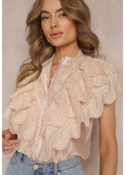 Jasnobeżowa Koszula z Szerokimi Falbanami z Przodu i na Ramionach Clioni ze sklepu Renee odzież w kategorii Koszule damskie - zdjęcie 157233793