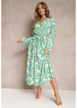 Zielono-Biała Sukienka Kopertowa w Kwiaty z Wiązanym Paskiem Faerise ze sklepu Renee odzież w kategorii Sukienki - zdjęcie 157234243