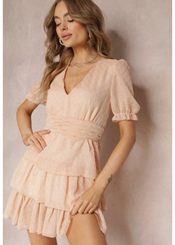Beżowa Marszczona Sukienka Mini z Falbankami i Metaliczną Nitką Elody ze sklepu Renee odzież w kategorii Sukienki - zdjęcie 157234263