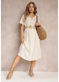 Beżowa Koszulowa Sukienka Midi z Bawełny z Gumką w Talii i Plecionym Paskiem Emera ze sklepu Renee odzież w kategorii Sukienki - zdjęcie 157234510