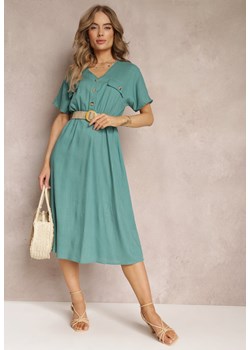 Zielona Koszulowa Sukienka Midi z Bawełny z Gumką w Talii i Plecionym Paskiem Emera ze sklepu Renee odzież w kategorii Sukienki - zdjęcie 157234520