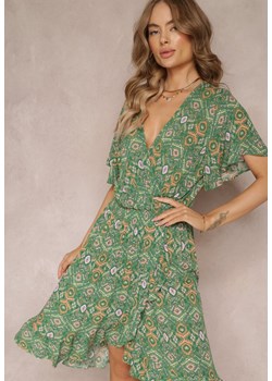 Zielona Wiskozowa Sukienka Midi z Kopertowym Dekoltem i Gumkami w Talii Aubria ze sklepu Renee odzież w kategorii Sukienki - zdjęcie 157234550
