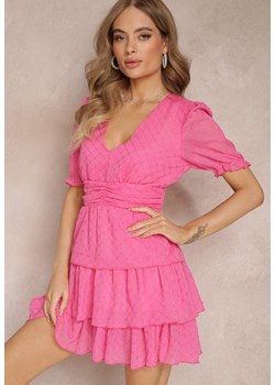 Różowa Marszczona Sukienka Mini z Falbankami i Metaliczną Nitką Elody ze sklepu Renee odzież w kategorii Sukienki - zdjęcie 157270313