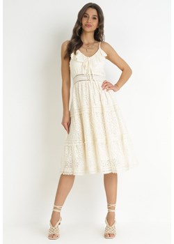 Beżowa Sukienka Midi na Ramiączkach z Falbankami z Koronkowej Tkaniny Cillaia ze sklepu Born2be Odzież w kategorii Sukienki - zdjęcie 157270442