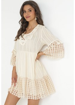 Beżowa Bawełniana Sukienka Mini z Koronkowymi Wstawkami i Chwostami Skie ze sklepu Born2be Odzież w kategorii Sukienki - zdjęcie 157270562