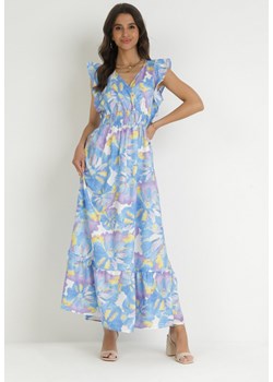Niebieska Rozkloszowana Sukienka z Kopertowym Dekoltem i Falbankami Santila ze sklepu Born2be Odzież w kategorii Sukienki - zdjęcie 157270713