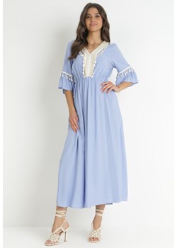 Niebieska Wiskozowa Sukienka Maxi z Ozdobnym Dekoltem i Gumką w Pasie Latava ze sklepu Born2be Odzież w kategorii Sukienki - zdjęcie 157285214