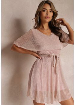 Różowa Sukienka Mini z Metaliczną Nitką i Gumką w Pasie Eullas ze sklepu Renee odzież w kategorii Sukienki - zdjęcie 157297330