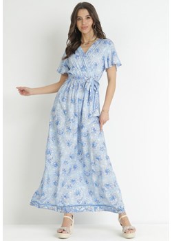Niebieska Sukienka Kopertowa z Wiskozy z Gumką w Talii i Metalicznym Wzorem Hollisa ze sklepu Born2be Odzież w kategorii Sukienki - zdjęcie 157298120